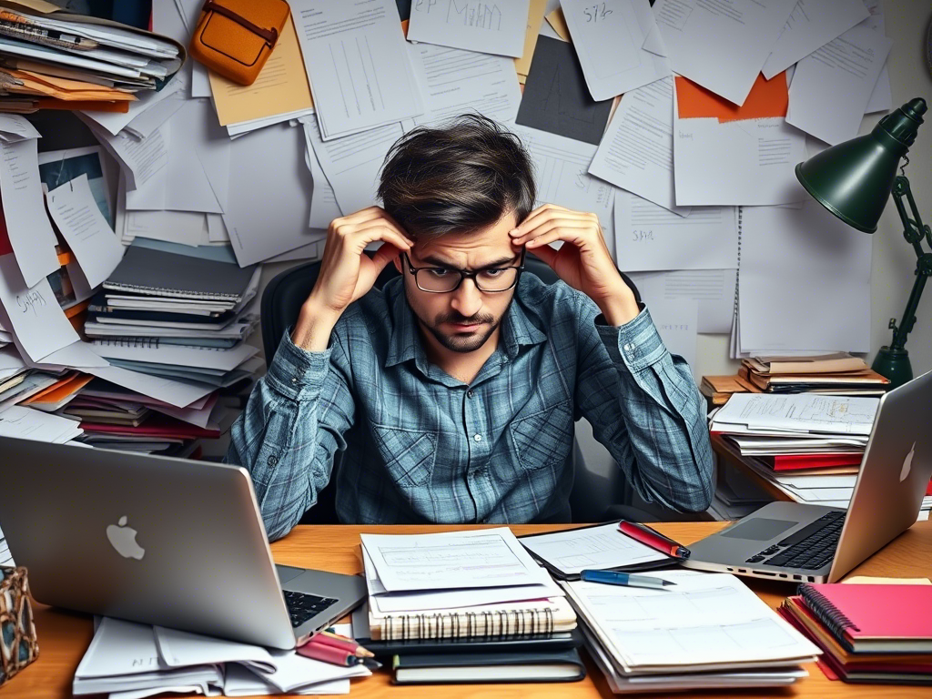Stressed freelancer struggling with productivity tools on cluttered desk